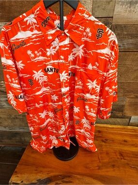Reyn Spooner SF Giants Hawaiian Shirt Orange Palm Trees 100% Spun Rayon Size L